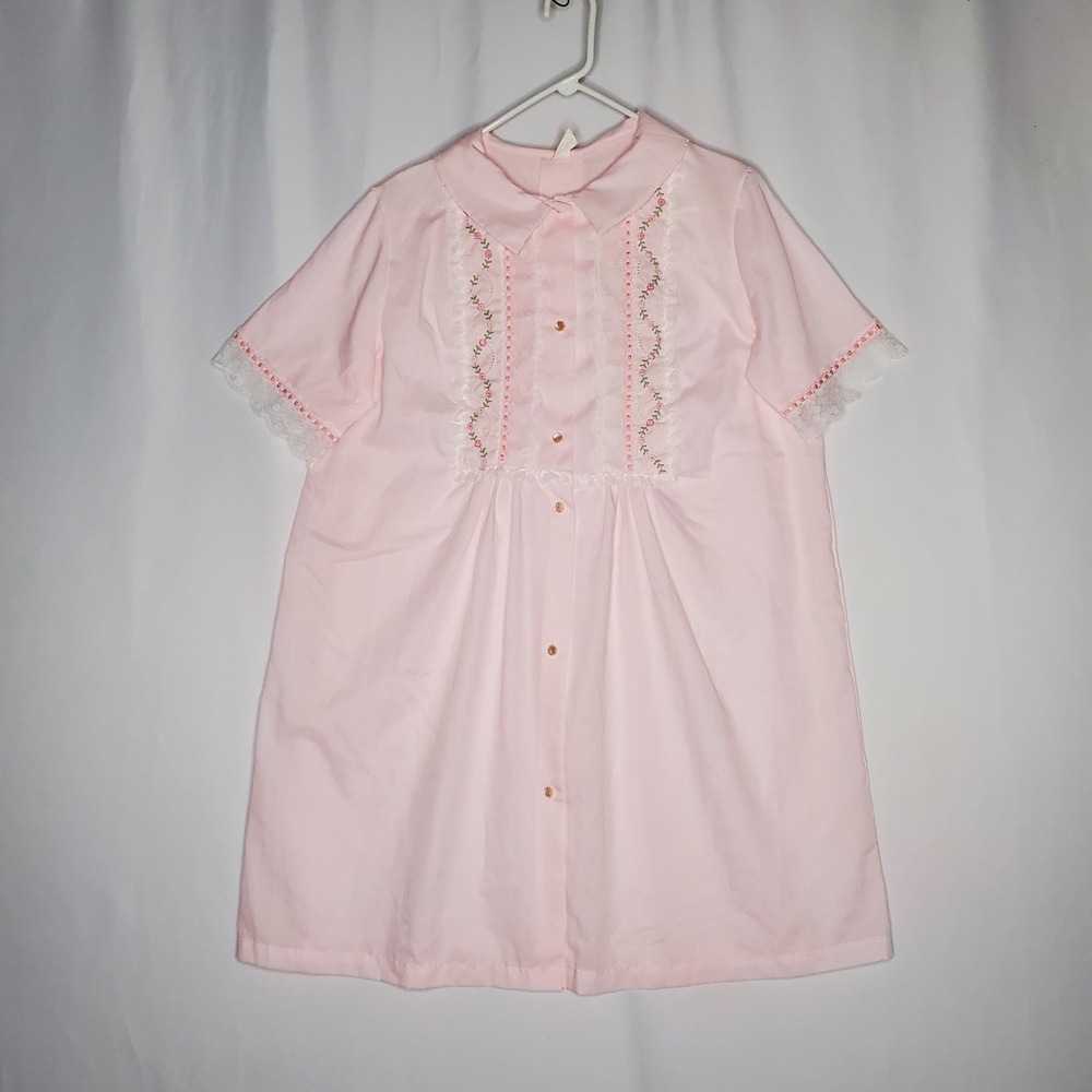 Aristocraft 60s Nightgown Large Pastel Pink‎ Lace Embroidered Button Cottagecore
